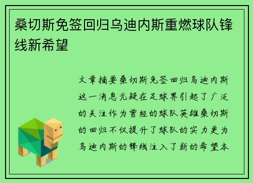 桑切斯免签回归乌迪内斯重燃球队锋线新希望 桑切斯免签回归乌迪内斯重燃球队锋线新希望