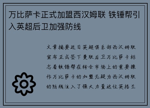 万比萨卡正式加盟西汉姆联 铁锤帮引入英超后卫加强防线 万比萨卡正式加盟西汉姆联 铁锤帮引入英超后卫加强防线